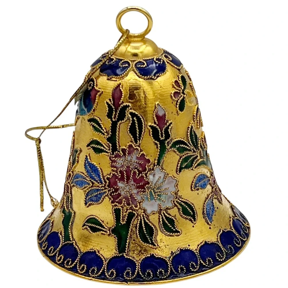 2 VTG Cloisonné Enamel Bell Ornaments Red & Gold Floral Scrollwork Gilt Brass 3